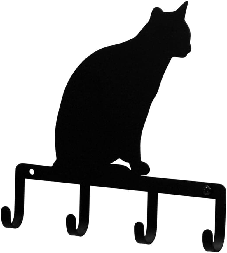Iron Cat Sitting Key Rack - Jewelry Holder - Pet Leash Hanger - Black Metal