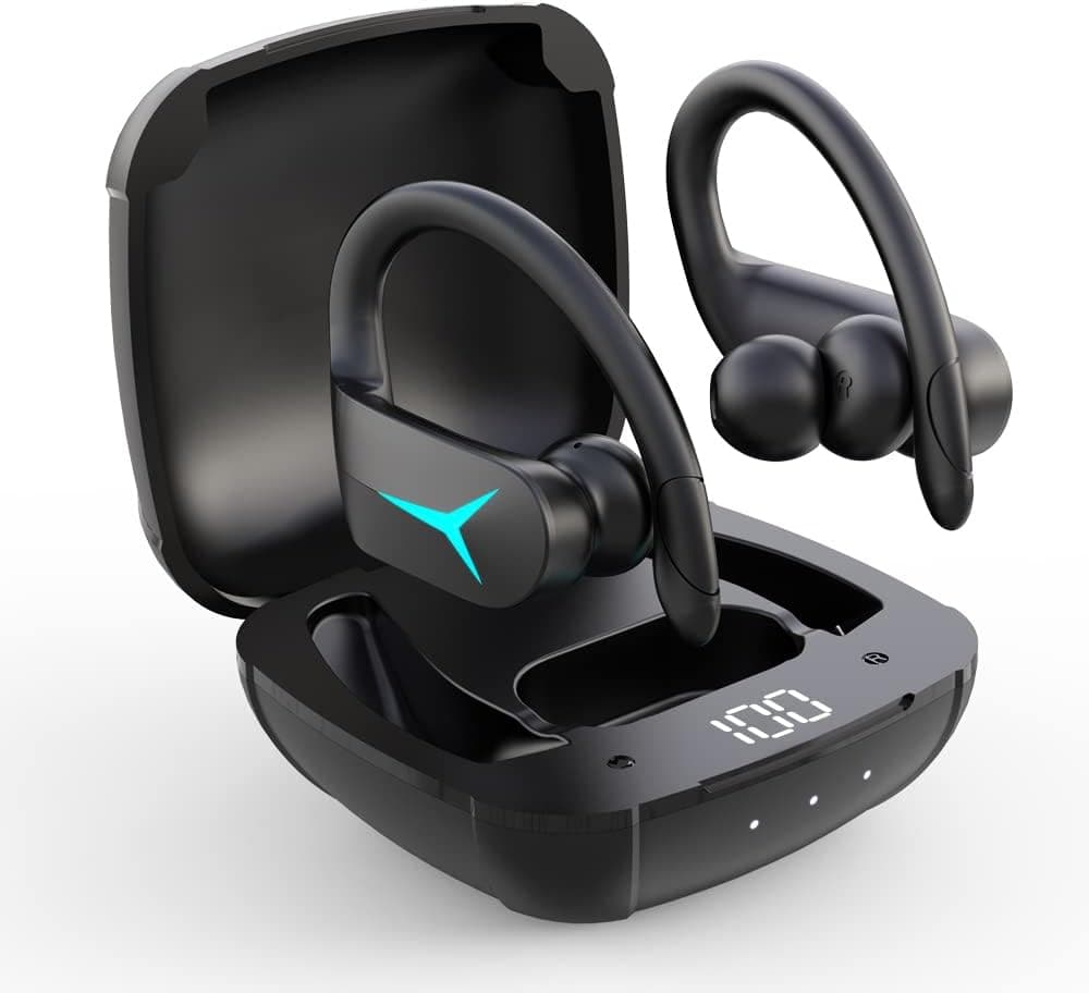 Wireless Earbuds, Bluetooth 5.1 Earphones for Sports, with Wireless Charging Case and Earhooks Over Ear Waterproof Earphones with Mic for Sports Running Workout iOS Android TV Phone Laptop Black