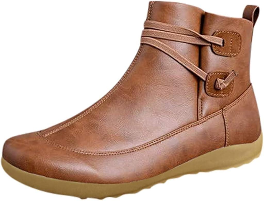 TAORE Arch Support Shoes for Women with Side Zipper Flat Black Ankle Booties Waterproof Leather Boots Lace up Short Boots