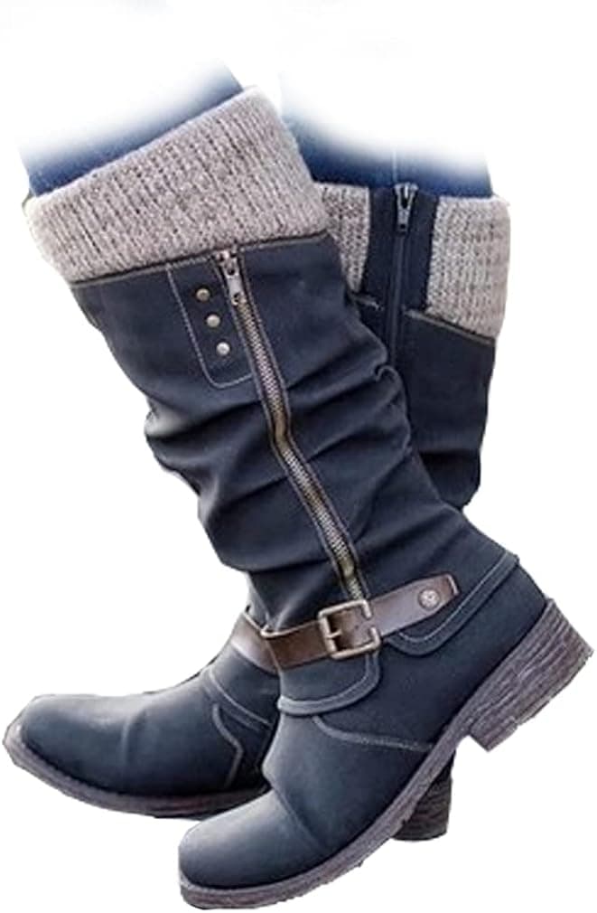 Furcross Women Retro Embroidered Mid Calf Boots Cowboy Cowgirl Boots Square Toe Chunky Heel Western Boots