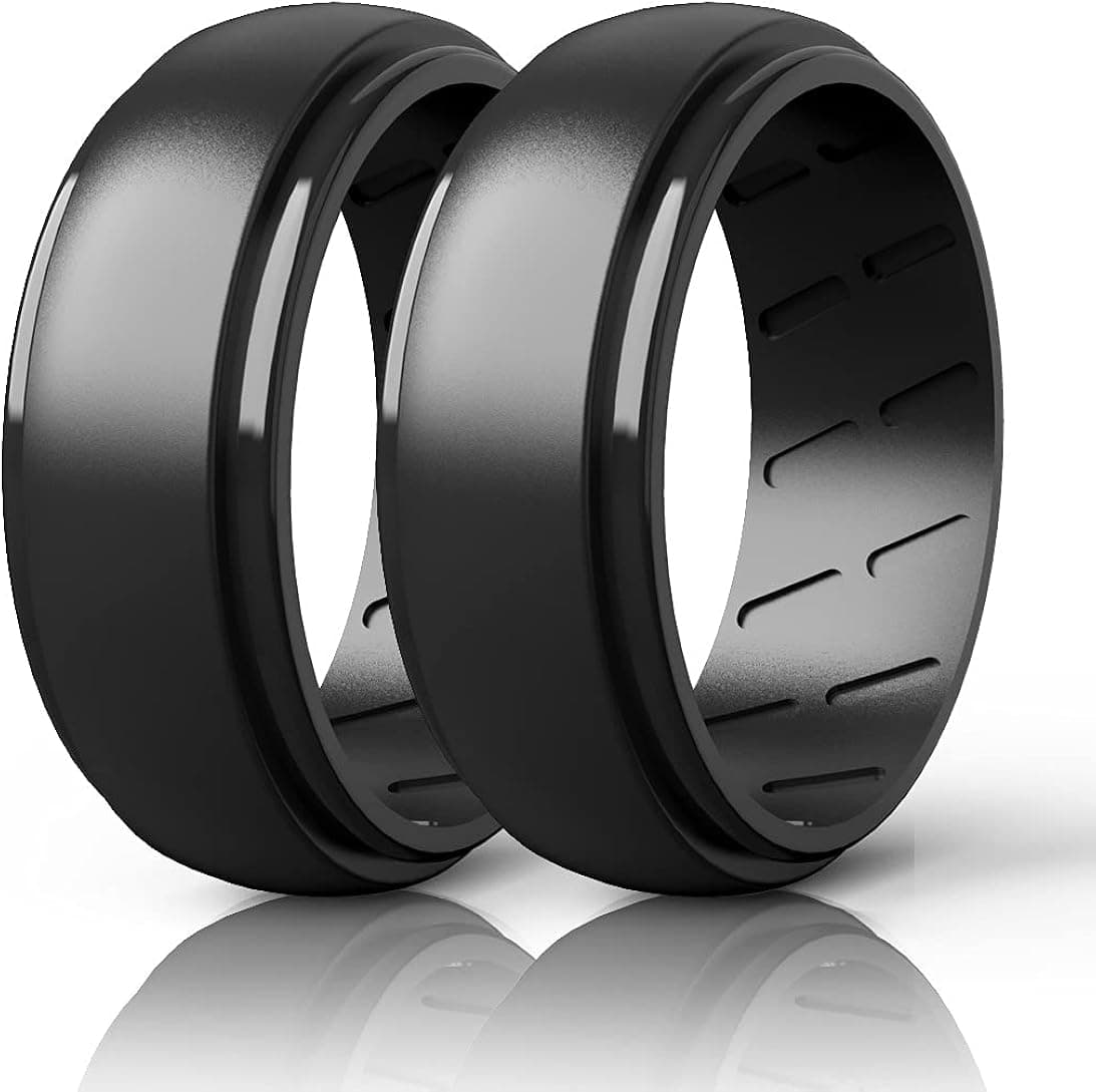 Silicone Ring Men, 2/7 Rings Set Rubber Wedding Bands for Men - Step Edge Airflow Inner Grooves, 8mm Wide, 2.2mm Thick