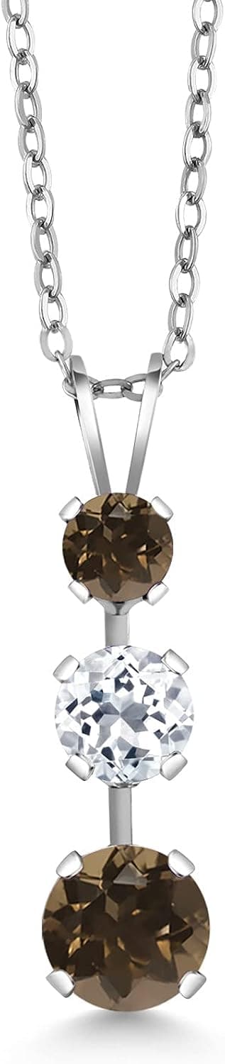 Gem Stone King 925 Sterling Silver Round Brown Smoky Quartz and White Topaz 3 Stone Pendant Necklace For Women (1.56 Cttw, with 18 Inch Chain)