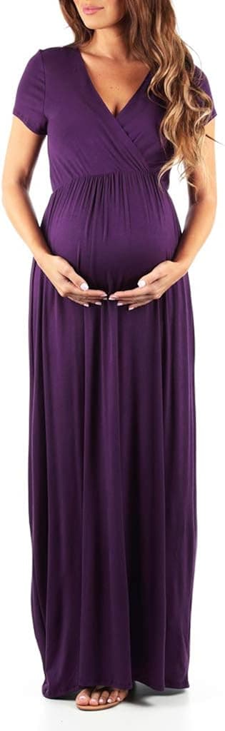 Mother Bee Maternity Short Sleeve Ruched Waist Faux Wrap Maxi Dress