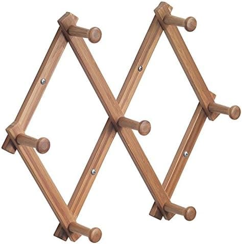 Wall Mount Accordion Style Expanding Storage Rack – 7 pegs Hanging Hooks for Jackets, Coats, Hats, Scarves and Mugs Sturdy Natural Bamboo (1 Rack)