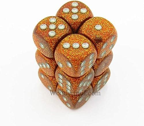 Chessex Dice d6 Sets: Glitter Gold / Silver - 16mm Six Sided Die (12) Block of Dice