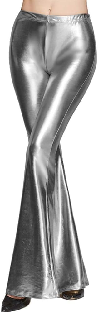 FYMNSI Women’s Wetlook Wide Leg Flared Bootcut Palazzo Hippie Pants Metallic Bell Bottom Retro 70s Trousers