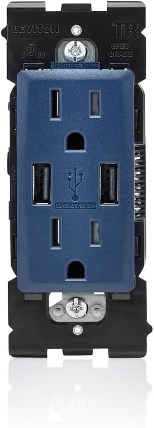 Leviton RUAA1-RN Renu USB Charger/Tamper-Resistant Duplex Outlet, 15A-125VAC, Rich Navy