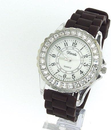 TRENDY Ladies BLACK Rubber Strap Round Watch Crystals