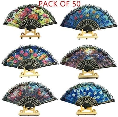 Woaiwo-q Spanish Floral Folding Hand Fan Flowers Pattern Lace Handheld Fans Size 9", Pack of 50 Random Color Suitable for Wedding Dancing Church Party Gifts