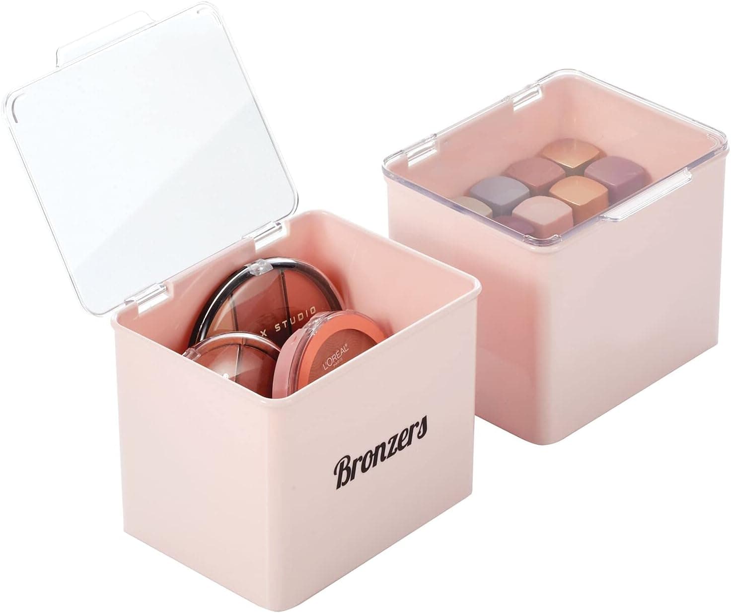 mDesign Plastic Stackable Plastic Bathroom Vanity Countertop Storage Cosmetic Organizer Box with Hinged Lid for Makeup, Beauty, Hair, Nail Supplies - Pack of 2, Includes 32 Labels - Light Pink/Clear