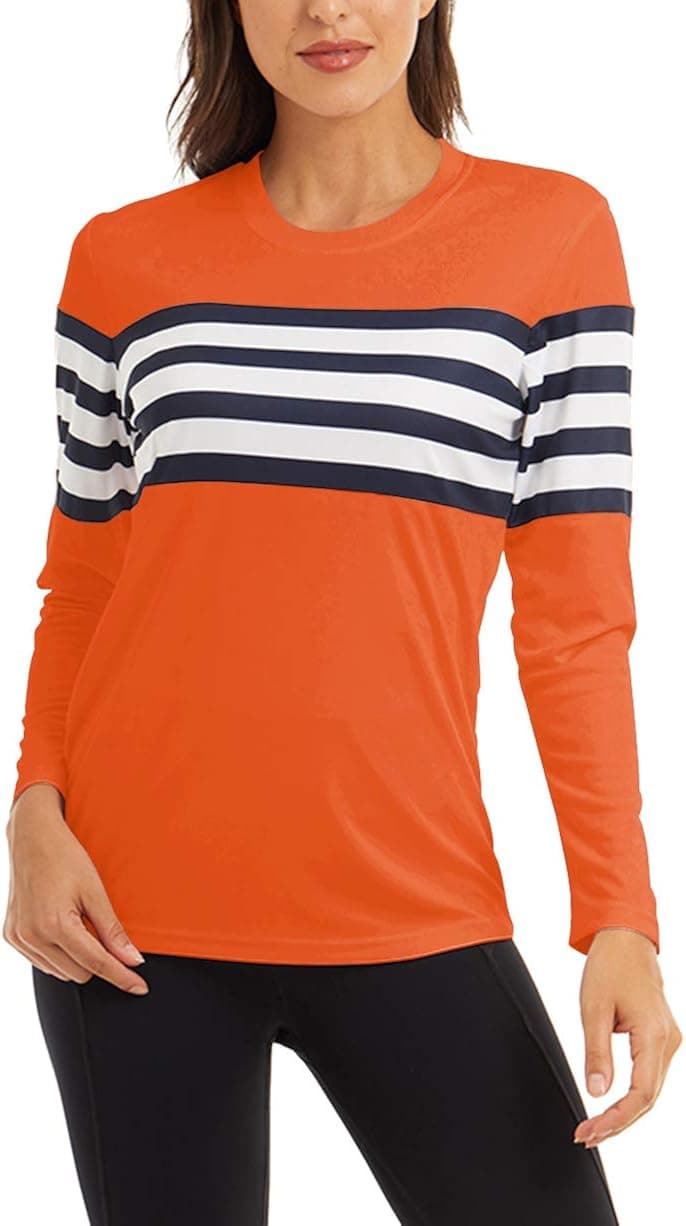 SMENG Summer Clothes for Women Plus Size Long Sleeve Sun Protection Shirt for Women Fashion Color Bar Quick Dry Soft Outdoor Workout Tops Orange XL