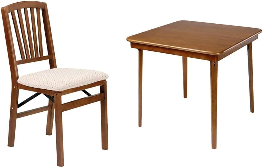 MECO Stakmore Slat Back Folding Chair Finish, Set of 2, Fruitwood & STAKMORE Straight Edge Folding Card Table Fruitwood Finish