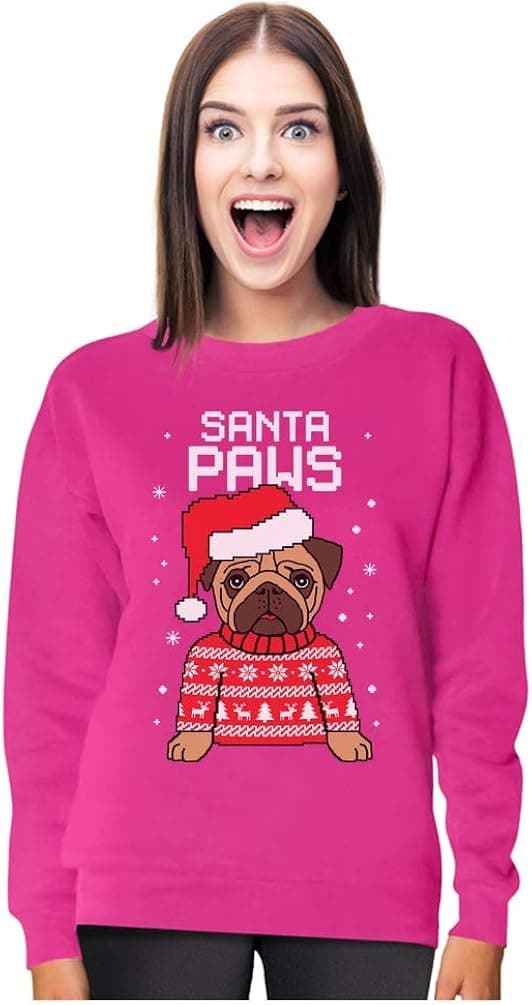 Santa Paws Pug Ugly Christmas Sweater Dog Women Sweatshirt Large Pink