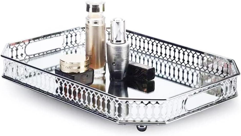 Perfume Tray, Mirror Tray, Vanity Decorative Tray with Rectangle Metal for Dresser Bedroom Countertop Organizer, Large Size 13.8" X 9.6" X 2.2", Silver