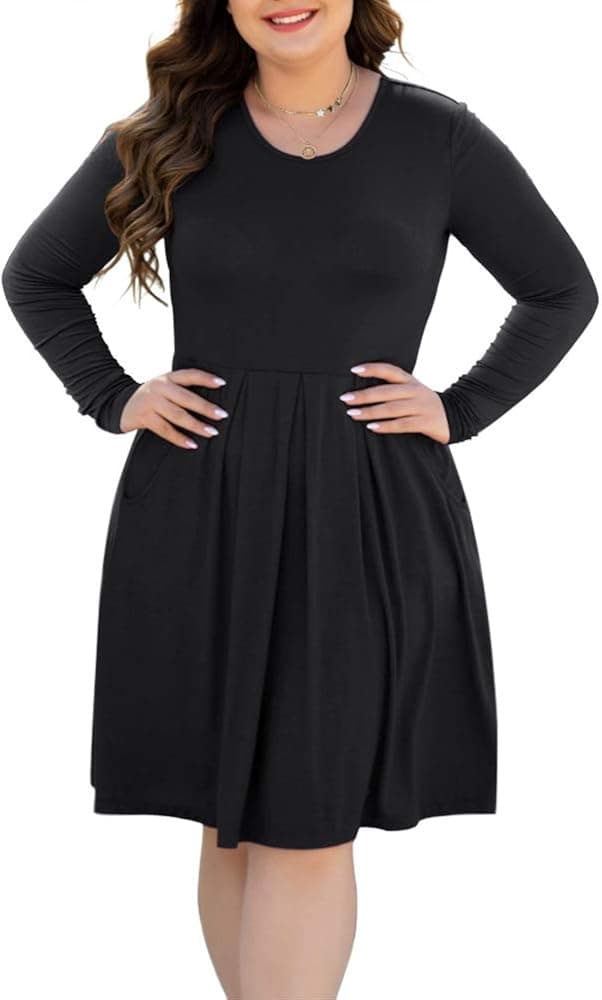 HAOMEILI Women's Plus Size Long/Short Sleeve Dress Casual Pleated Swing Dresses with Pockets