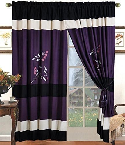Grand Linen 4 Piece Purple Black, White, Pink Vine Curtain Set with Attached Valance and Sheers
