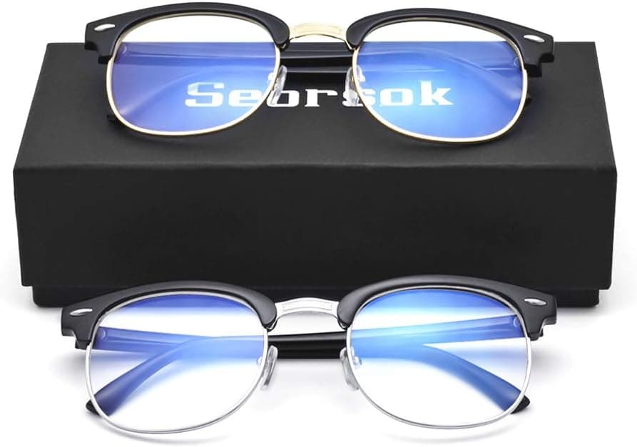 Seorsok Blue Light Blocking Glasses for Women Men Retro Semi Rimless Clear Lens,Anti Eyestrain Sleep Better-2 Pack:Black-Golden + Black-Silver