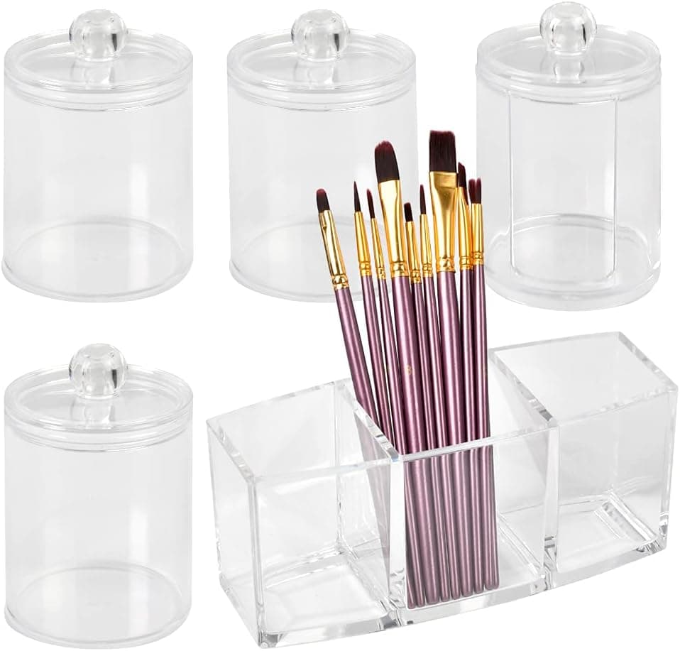 TIMESETL 5 Pack Qtip Holder Dispenser for Cotton Ball, Cotton Swab, Cotton Round Pads, Floss, 10 oz Clear Plastic Apothecary Jar Set for Bathroom Canister Storage Organization, Vanity Makeup Organizer