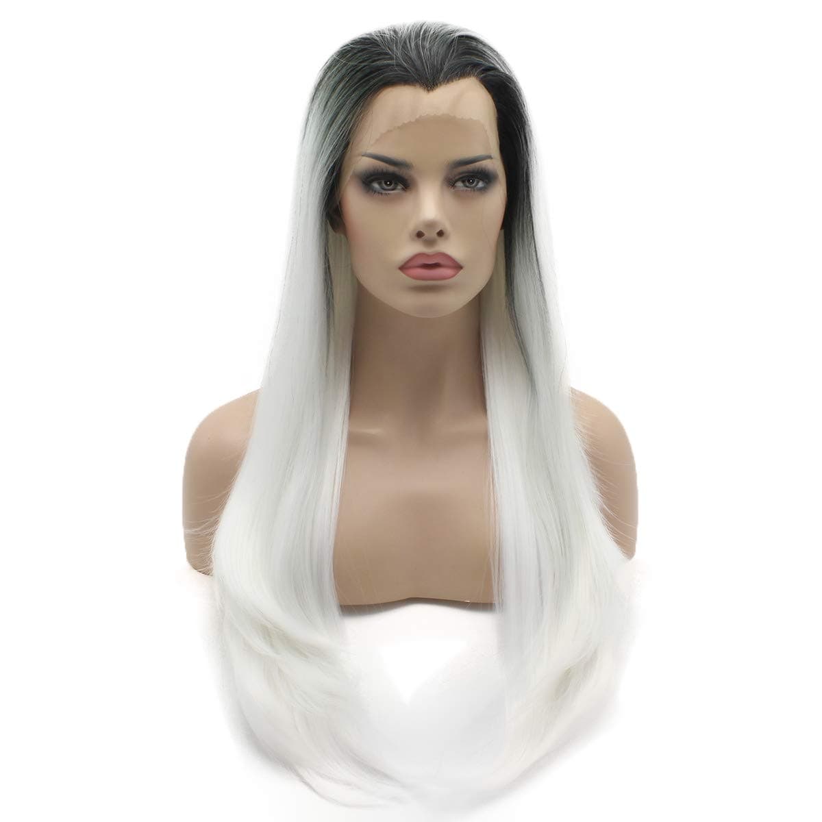 Lushy Straight Long Silk Black Root White Ombre Wig Half Hand Tied Heat Friendly Heavy Density Synthetic Lace Front Wig