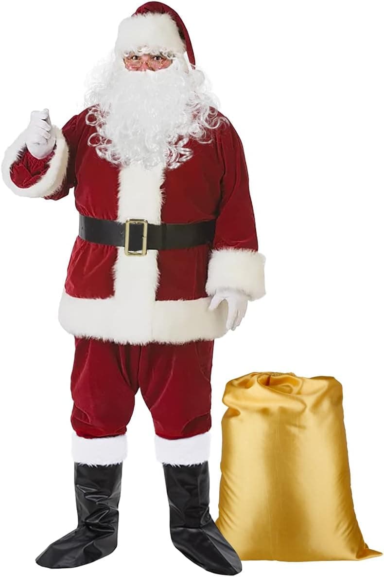 Christmas Santa Claus Costume Set Men's Santa Costume Deluxe Santa Suits (2XL/3XL, Wine Red)