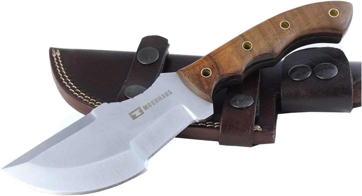Moorhaus Handmade D2 Tool Steel Tracker Knife With Leather Sheath (Light Walnut)
