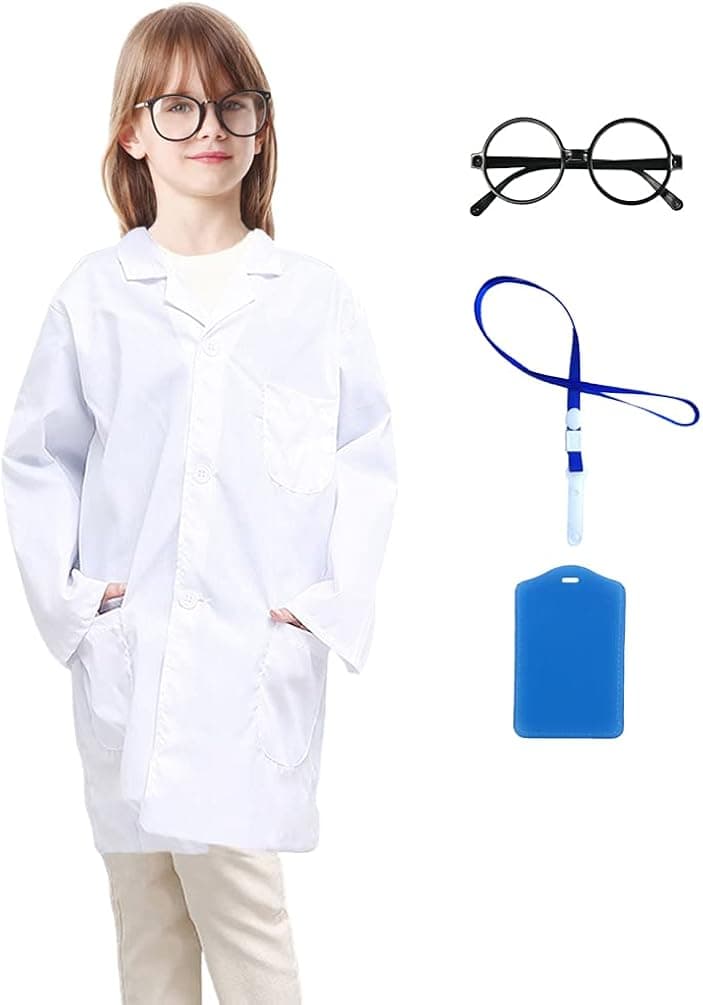 Roctocesy Kid's Unisex Lab Coat for Career Day School Projects Halloween Costumes with Glasses & ID Card