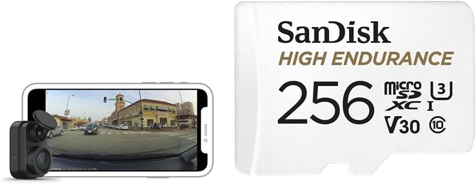 Garmin Dash Cam Mini 2, Tiny Size, 1080p and 140-degree FOV, Monitor Your Vehicle While Away w/New Connected Features, Voice Control & SanDisk 256GB High Endurance Video microSDXC Card with Adapter
