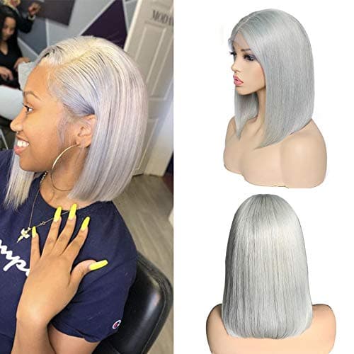 Smartinnov Grey Lace Bob wig Straight Human Hair 8inch Pre Plucked Short Cut Peruvian Virgin Hair 180% Density Glueless Bob Wig 13x4 Swiss Lace Middle Part for Women(could be restyle)