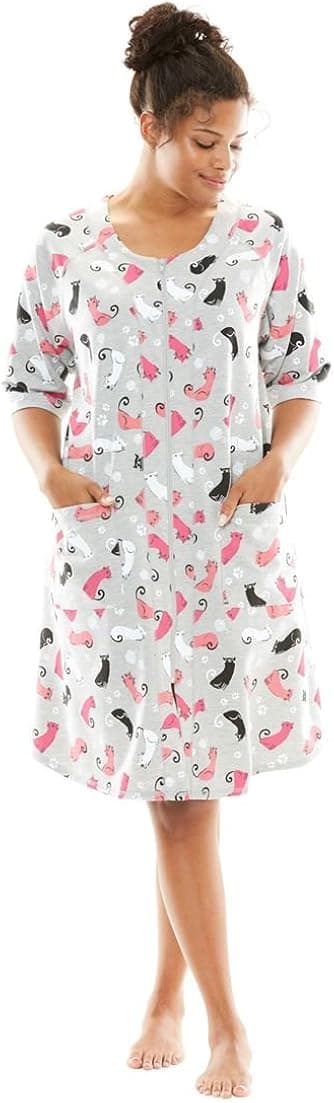 Dreams & Co. Women's Plus Size Short French Terry Robe Heather Grey Cats,1X