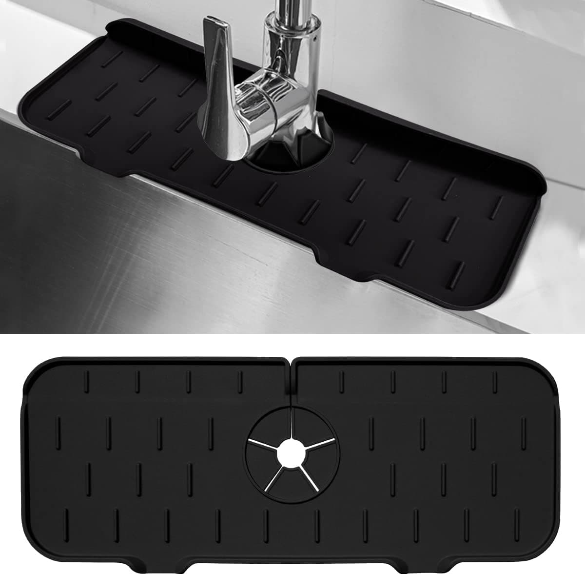 POSIVEEK Silicone Faucet Handle Drip Catcher Tray, Faucet Handle Drip Catcher, Sink Splash Guard Mat for Kitchen Bathroom Wash Sink Balcony Faucets, Black