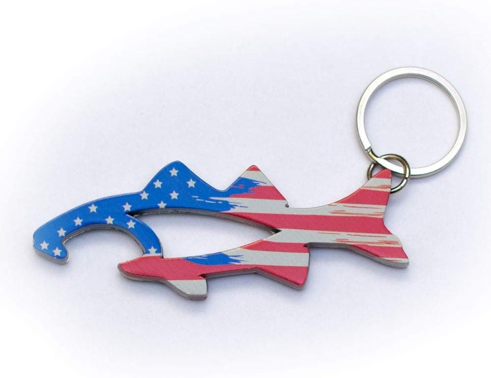 Fish Bottle Opener and Keychain - US Flag, Largemouth Bass Shape - Gift for Fisherman