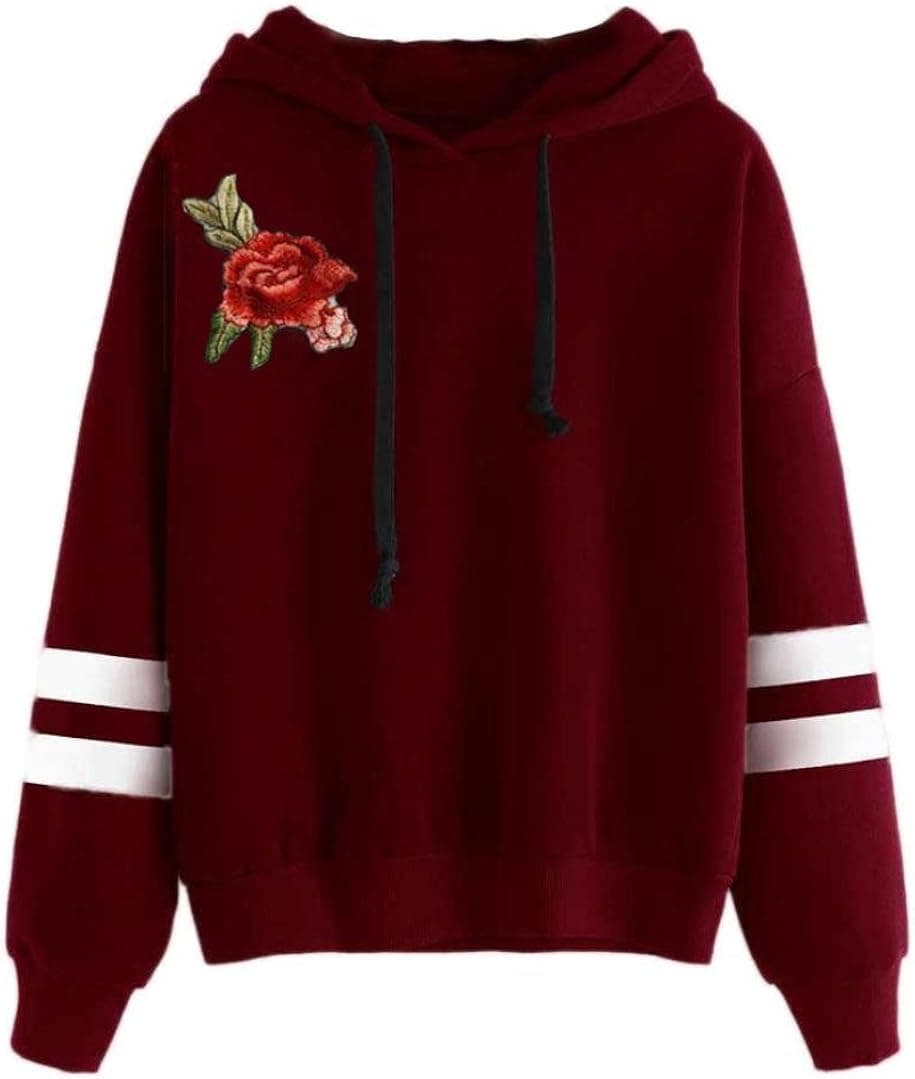 iQKA Women Plus Size Rose Applique Stripe Hooded Sweatshirt Long Sleeve Hoodie Jumper