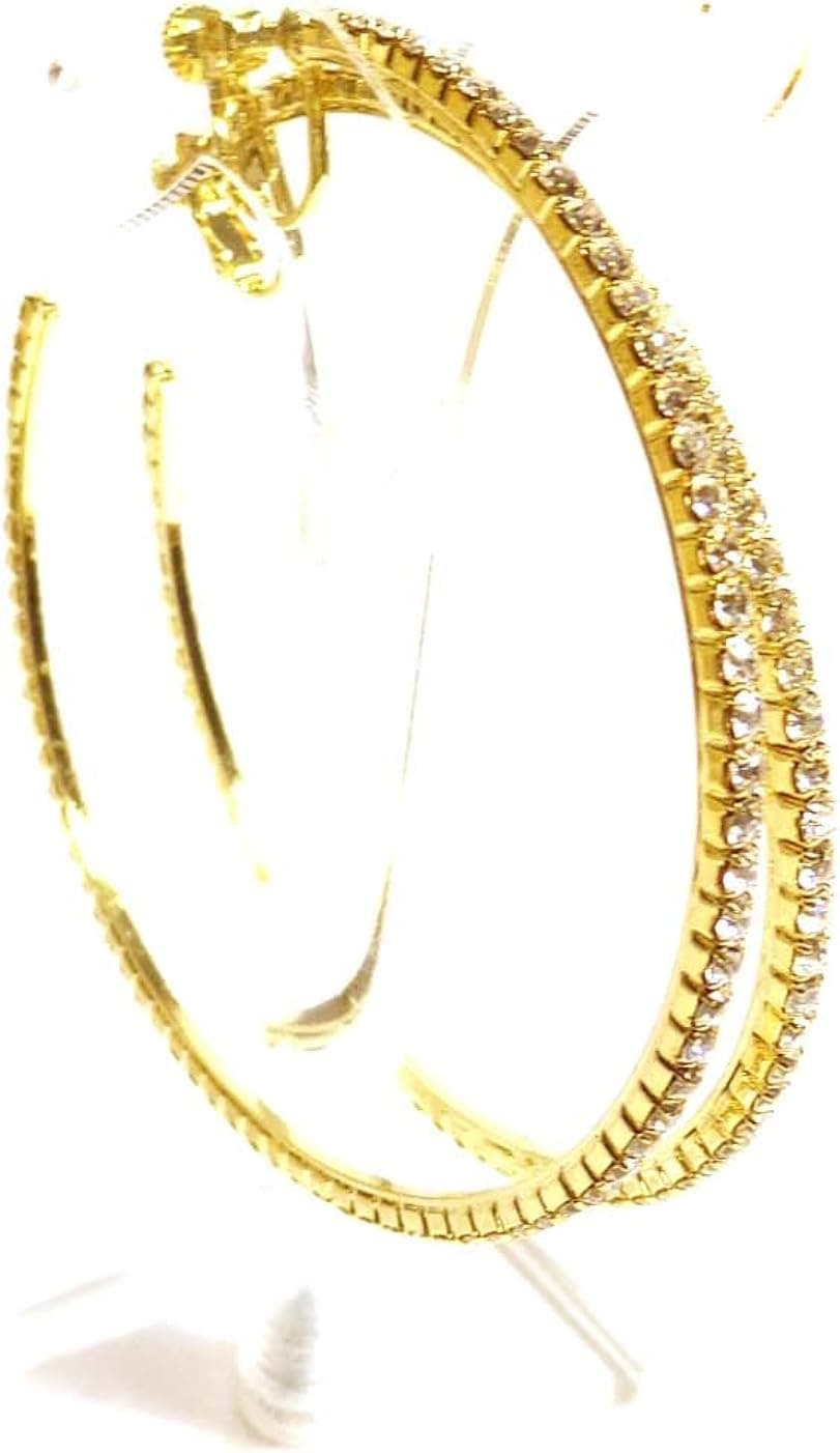 Clip-on Earrings Gold Tone Crystal Hoop Earrings 2.75 Inch Clip Hoop Earrings for Non Pierced Ears