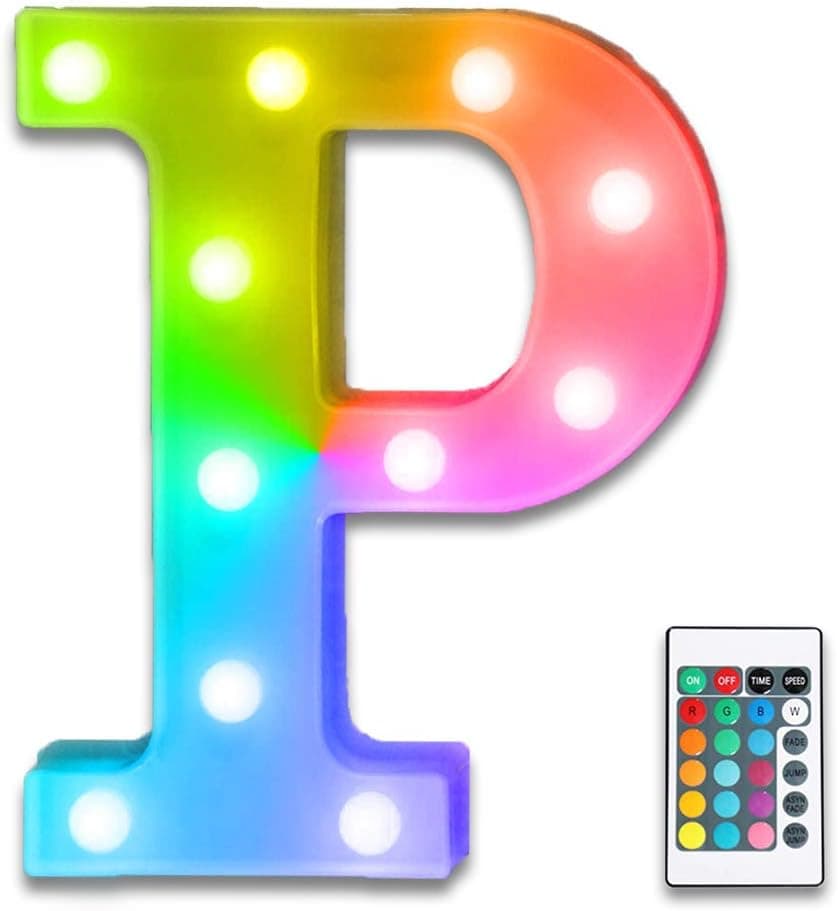 YOEEN Colorful LED Marquee Letter Lights Sign with Remote Timer Light Up Multicolor Letters Battery Powered 16 Color Changing Alphabet Letters for Wedding Birthday Party Christmas Home Bar Decor (P)