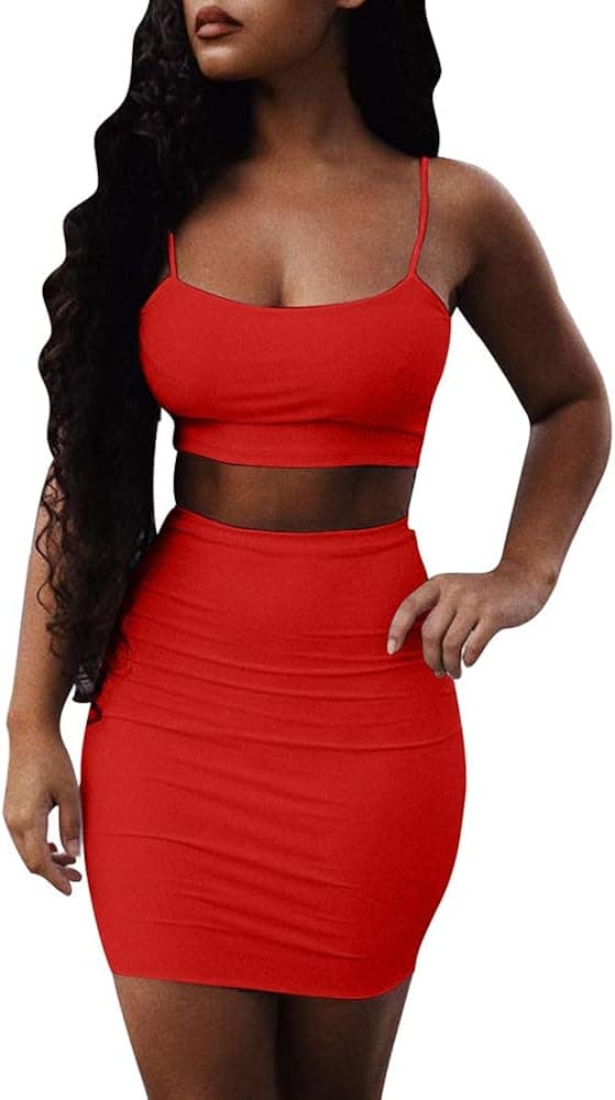 XXTAXN Women's 2 Piece Outfits Sexy Bodycon Spaghetti Strap Crop Top with Mini Skirt Set