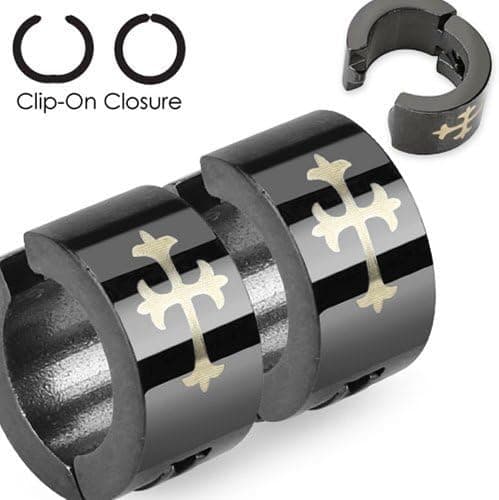 U2U Pair of 316L Surgical Stainless Steel Black IP Non-Piercing Clip On Earrings with Laser Etched Cross