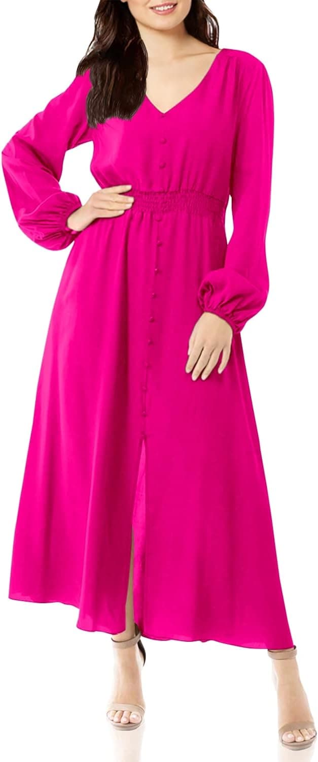 MIAMINE Women V-Neck Casual Floral Print Pockets Slit Button Up Spring Fall Party Maxi Dresses