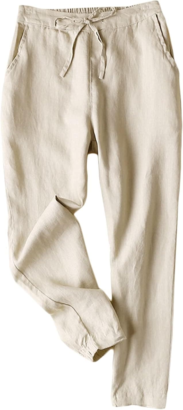 Jenkoon Women's Cotton Linen Pants Back Elastic Drawstring Tapered Pants Lightweight Summer Trousers