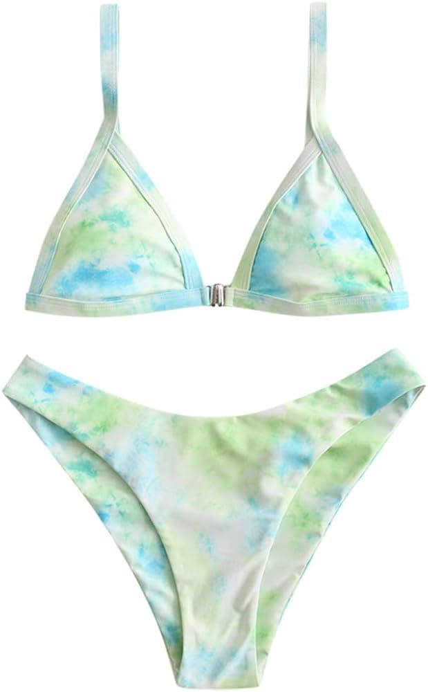 ZAFUL Women's Straps Textured Ribbed Front Closure High Cut Bikini Set Swimsuit (ZB-Mint Green, S)