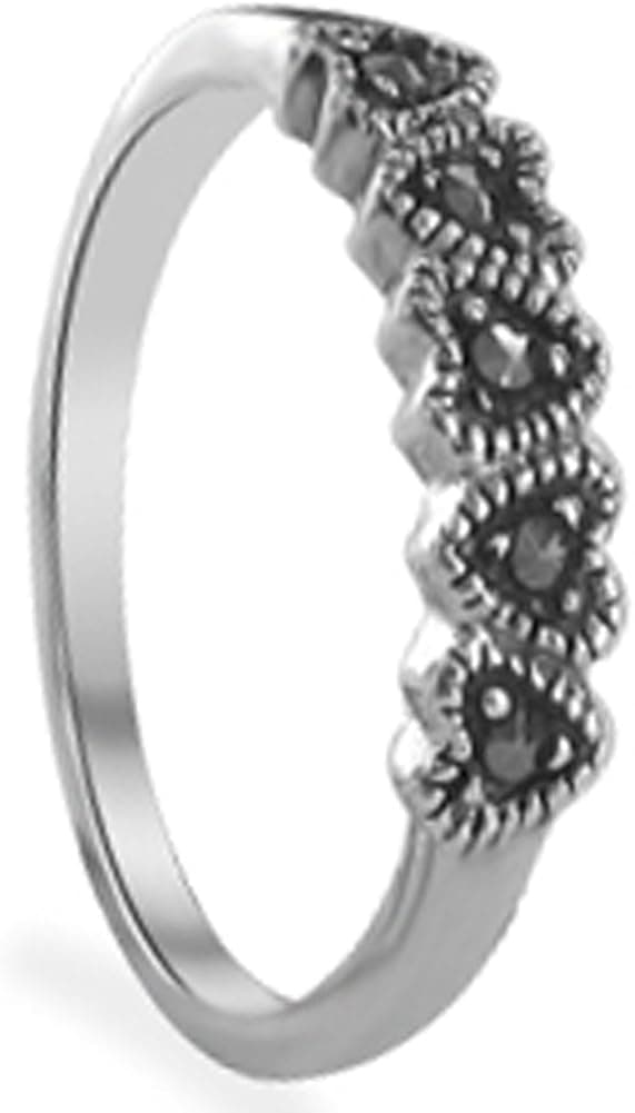 925 Sterling Silver Polished Finish Marcasite Tiny Hearts Ring