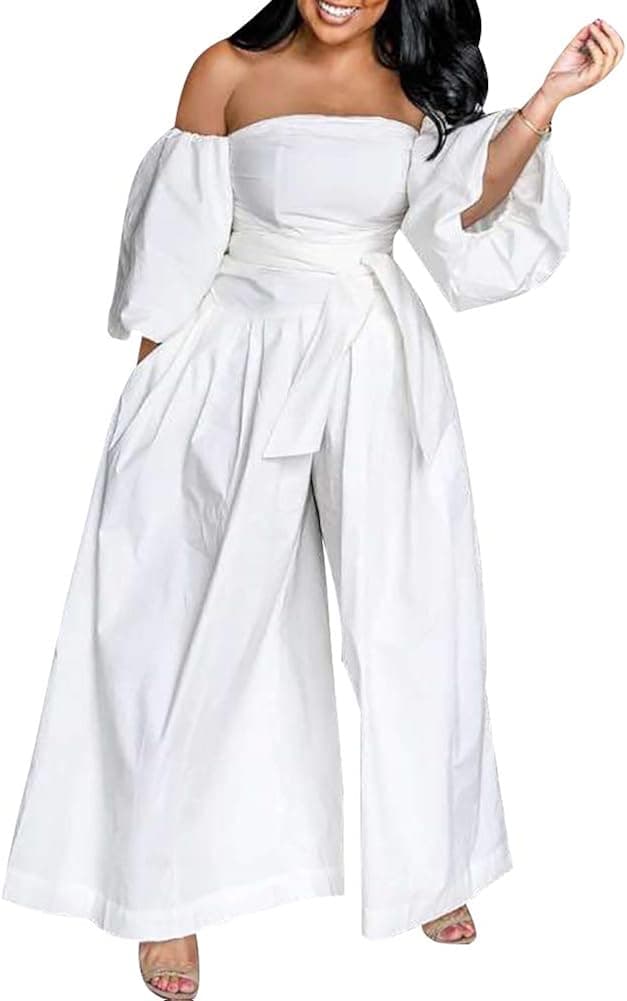 ECHOINE Womens Casual Off Shoulder Jumpsuit - Puff Sleeve Wide Leg Bodycon Clubwear