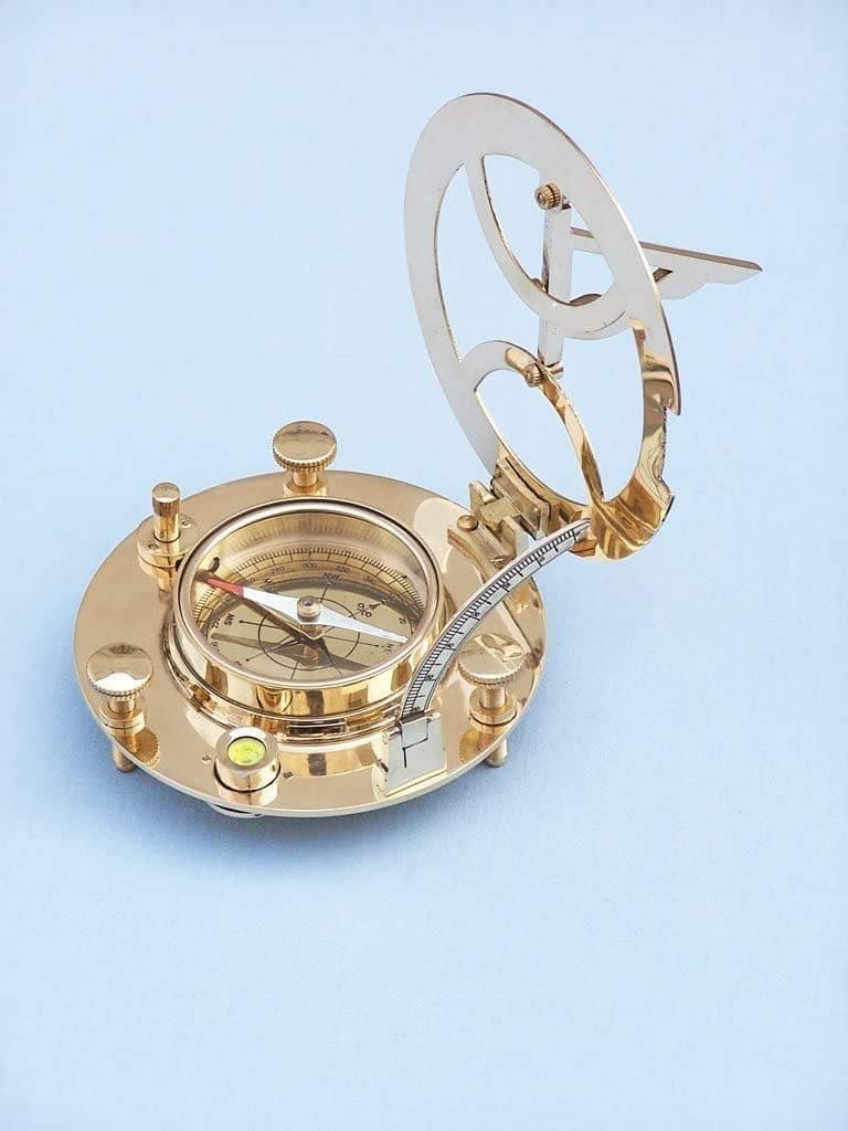 DD Decor Solid Brass Round Sundial Compass with Wooden Box, Brass