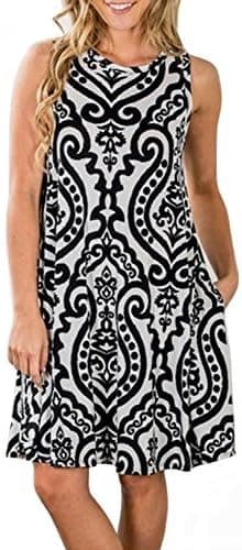 ZESICA Women's Summer Sleeveless Damask Print Pocket Loose T-Shirt Cover Up Dress