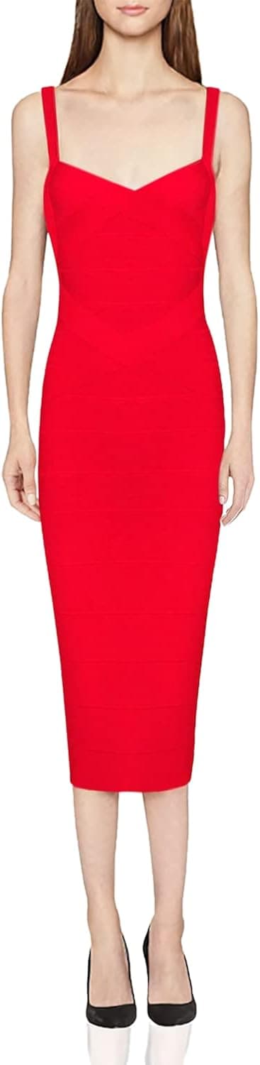 whoinshop Women's Rayon Strap Celebrity Midi Evening Party Bandage Dress (XL, Red)