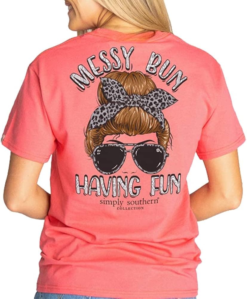 Simply Southern Messy Bun Having Fun Leopard Pink Shirt