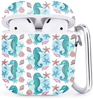Compatible with Airpods 2 & 1 – Shockproof TPU Gel Portable Protection Soft Case Cover Skin with Carabiner Clip Keychain (Watercolor Seahorse Sea Shells)
