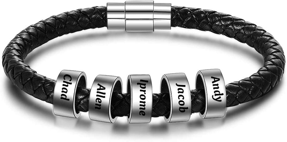 Iprome Sterling Silver Personalized Men Braid Bracelet Custom Bracelet for Men with 1-10 Names Small Custom Beads Men's ID Bracelet
