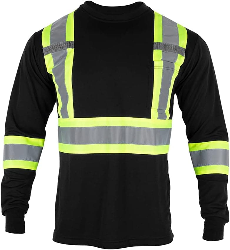 Vendace Men's High Vis Safety Work T Shirt ANSI Class 2 Reflective Long Sleeve Shirt with Pocket(Black,XL)