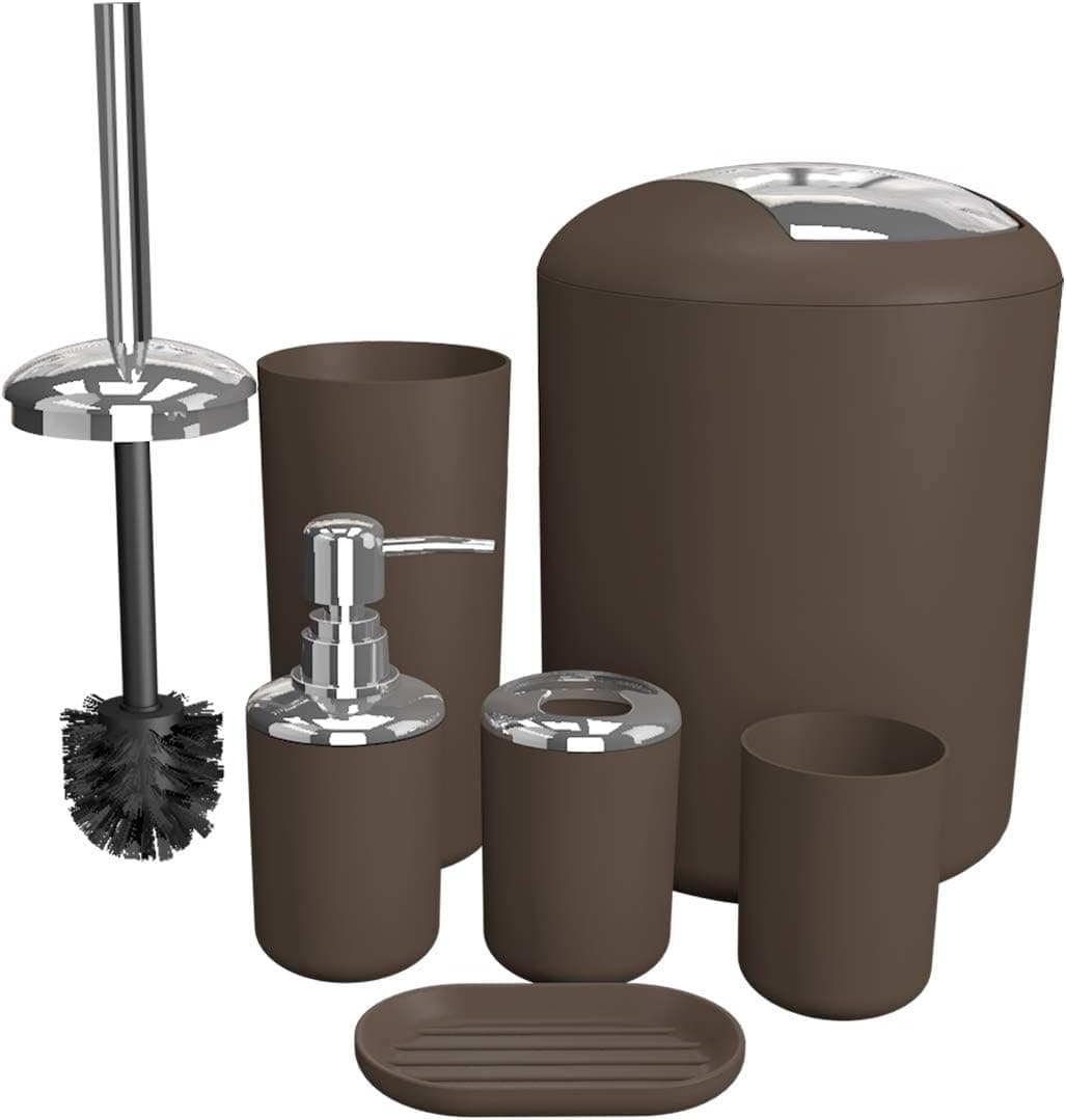 Soeland Bathroom Accessories Set Brown, 6 Pieces Plastic Gift Set Bath Accessories Luxury Bath Set Includes Toothbrush Holder, Toothbrush Cup, Soap Dispenser, Soap Dish, Toilet Brush Holder,Trash Can