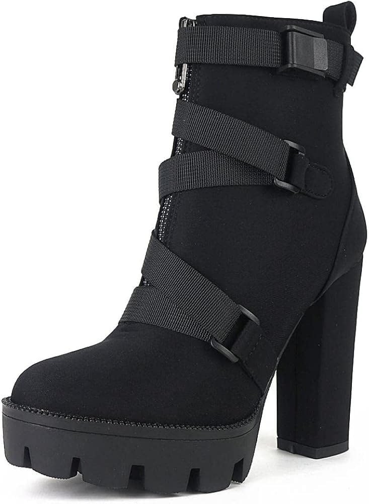Ankle Boots for Women High Heel Boots Chunky Heeled Combat Boots Buckle Belt Lug Sole Booties Round Toe Platform Boots